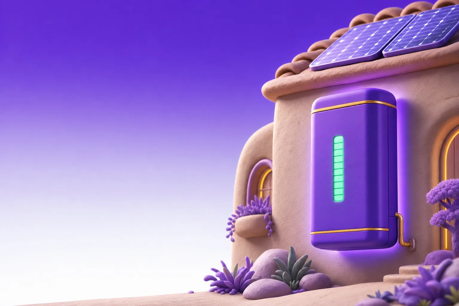 Clay-style home battery mounted on a house wall with a glowing charge level