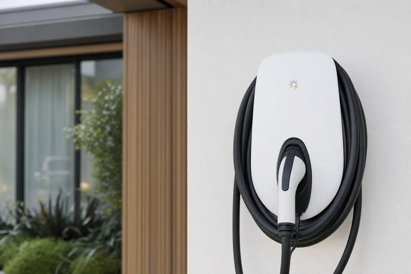 A Sunbolt EV wall charger installed on a modern home