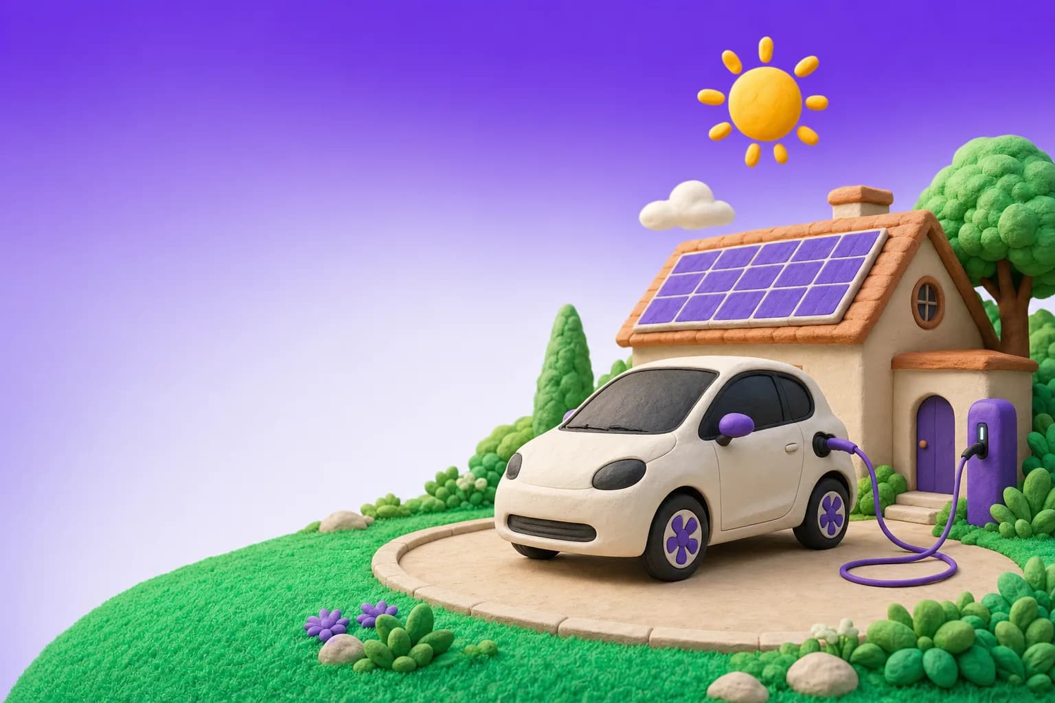 Clay-style electric car charging in a driveway from a wall charger